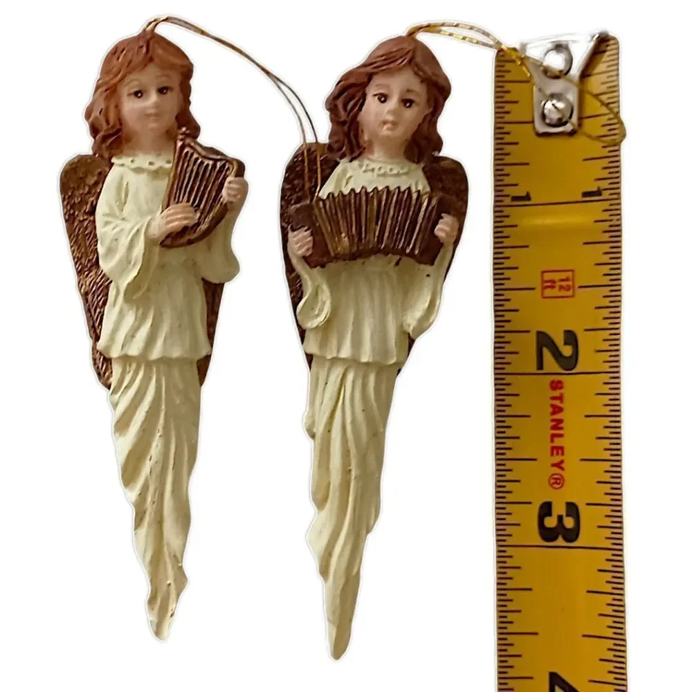 2 Angel Icicle Ornament Christmas Vintage 90s Resin Teardrop Holiday Ivory Gold.